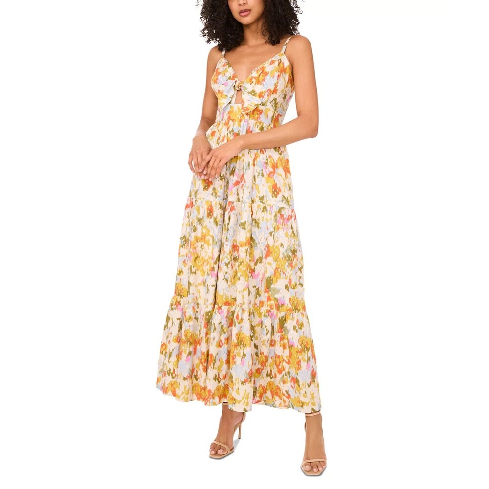 MSK Women's Printed V-Neck Tie Sleeveless Tiered Maxi Dress Ivory Orange Olive M